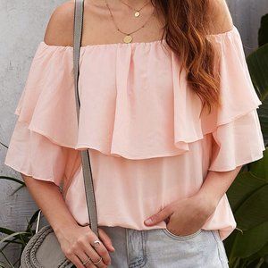 30% OFF Pink Soft Breeze Frilling Off-shoulder Top